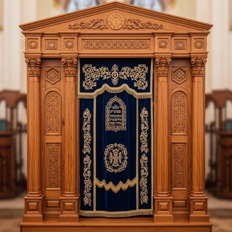 A realistic image of Mahogany Wood Aron Kodesh, Torah Ark hand carvings, image generated by Gemini-2.5-Flash.
