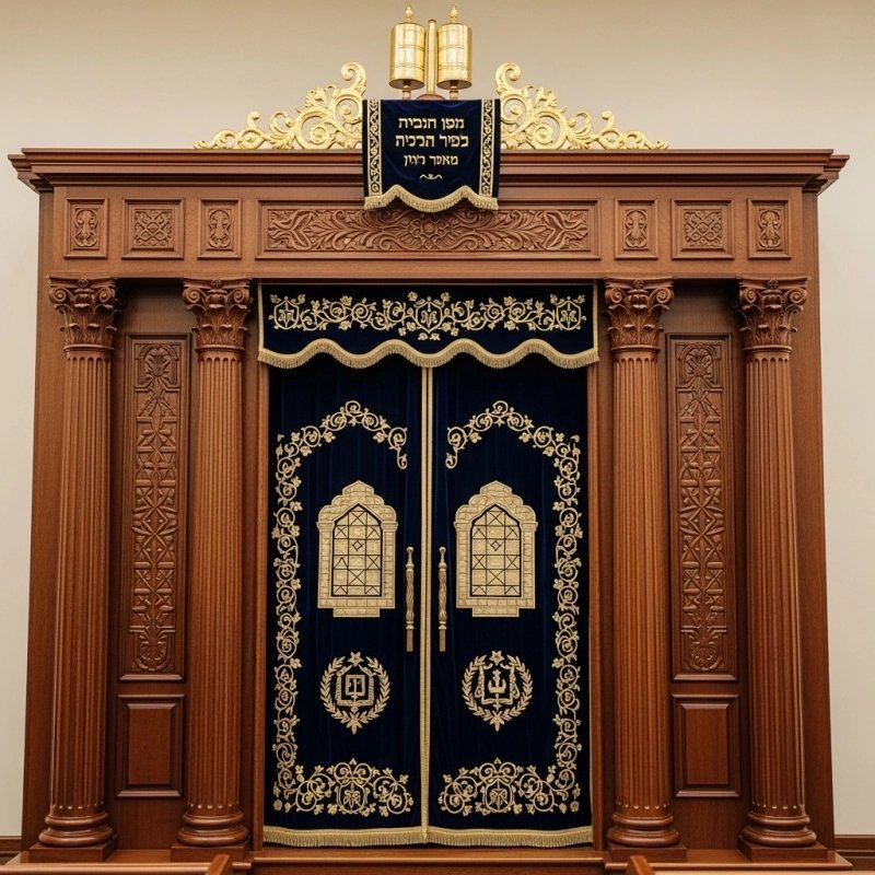 A realistic image of Mahogany Wood Aron Kodesh, Torah Ark hand carvings, image generated by Gemini-2.5-Flash.