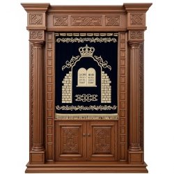 A realistic image of Mahogany Wood Aron Kodesh, Torah Ark hand carvings, image generated by Gemini-2.5-Flash.