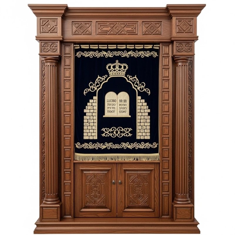 A realistic image of Mahogany Wood Aron Kodesh, Torah Ark hand carvings, image generated by Gemini-2.5-Flash.