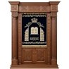 A realistic image of Mahogany Wood Aron Kodesh, Torah Ark hand carvings, image generated by Gemini-2.5-Flash.