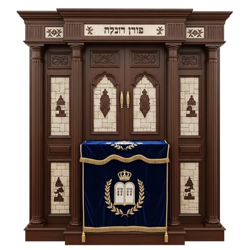 A realistic image of Mahogany Wood Aron Kodesh, Torah Ark hand carvings, image generated by Gemini-2.5-Flash.