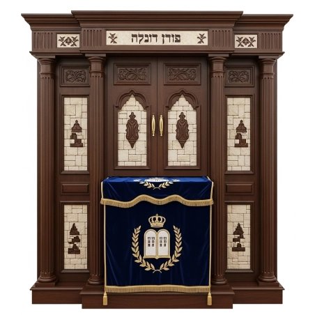A realistic image of Mahogany Wood Aron Kodesh, Torah Ark hand carvings, image generated by Gemini-2.5-Flash.