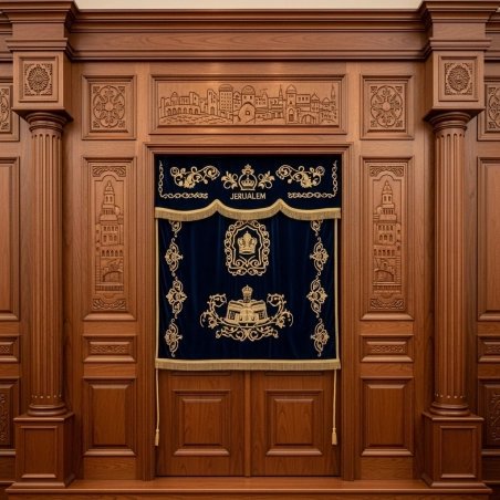 A realistic image of Mahogany Wood Aron Kodesh, Torah Ark hand carvings, image generated by Gemini-2.5-Flash.