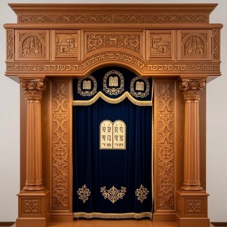 A realistic image of Mahogany Wood Aron Kodesh, Torah Ark hand carvings, image generated by Gemini-2.5-Flash.