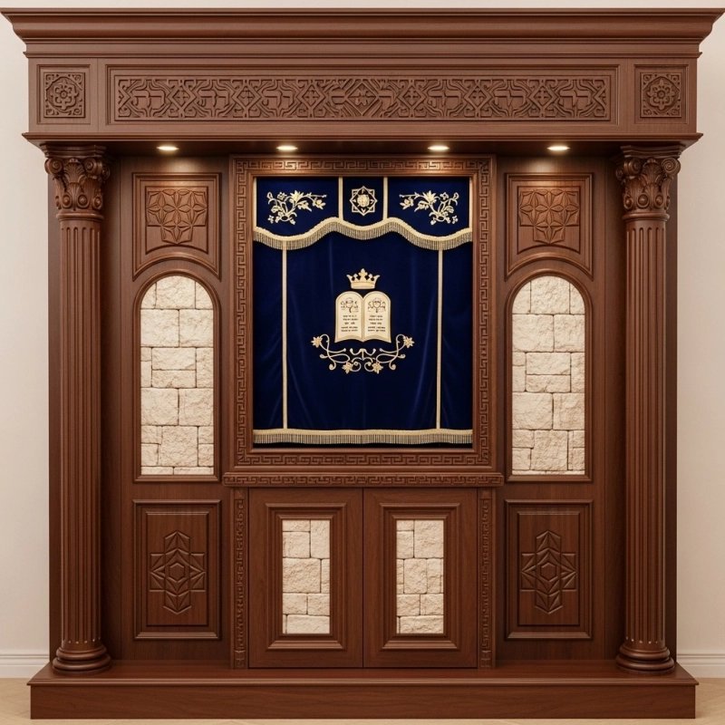 A realistic image of Mahogany Wood Aron Kodesh, Torah Ark hand carvings, image generated by Gemini-2.5-Flash.