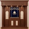 A realistic image of Mahogany Wood Aron Kodesh, Torah Ark hand carvings, image generated by Gemini-2.5-Flash.