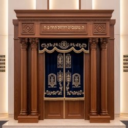 A realistic image of Mahogany Wood Aron Kodesh, Torah Ark hand carvings, image generated by Gemini-2.5-Flash.