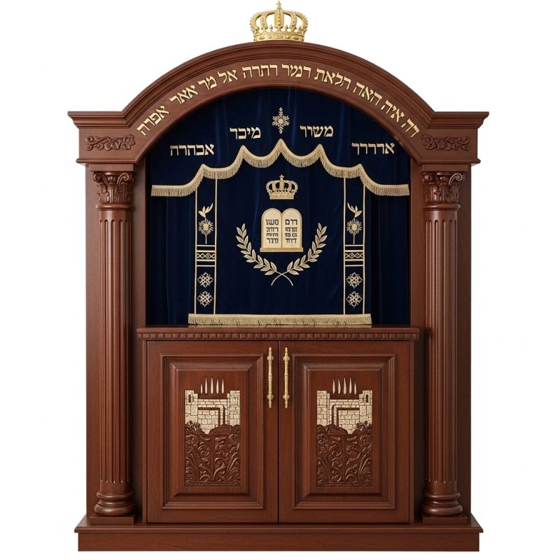 A realistic image of Mahogany Wood Aron Kodesh, Torah Ark hand carvings, image generated by Gemini-2.5-Flash.