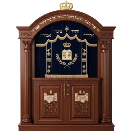 A realistic image of Mahogany Wood Aron Kodesh, Torah Ark hand carvings, image generated by Gemini-2.5-Flash.