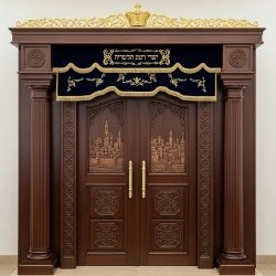 A realistic image of Mahogany Wood Aron Kodesh, Torah Ark hand carvings, image generated by Gemini-2.5-Flash.