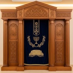 A realistic image of Mahogany Wood Aron Kodesh, Torah Ark hand carvings, image generated by Gemini-2.5-Flash.