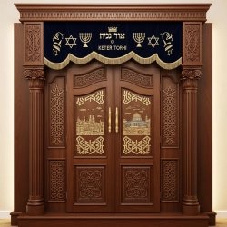 A realistic image of Mahogany Wood Aron Kodesh, Torah Ark hand carvings, image generated by Gemini-2.5-Flash.