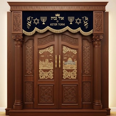 A realistic image of Mahogany Wood Aron Kodesh, Torah Ark hand carvings, image generated by Gemini-2.5-Flash.