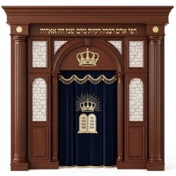 A realistic image of Mahogany Wood Aron Kodesh, Torah Ark hand carvings, image generated by Gemini-2.5-Flash.