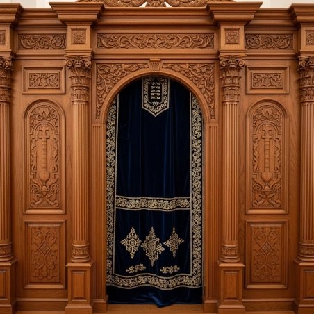 A realistic image of Mahogany Wood Aron Kodesh, Torah Ark hand carvings, image generated by Gemini-2.5-Flash.