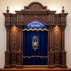 A realistic image of Mahogany Wood Aron Kodesh, Torah Ark hand carvings, image generated by Gemini-2.5-Flash.