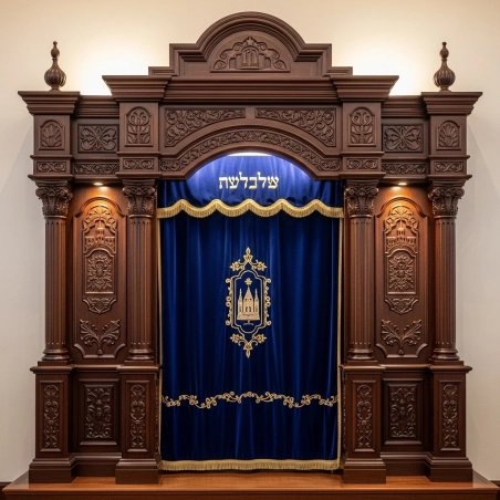 A realistic image of Mahogany Wood Aron Kodesh, Torah Ark hand carvings, image generated by Gemini-2.5-Flash.