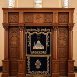 A realistic image of Mahogany Wood Aron Kodesh, Torah Ark hand carvings, image generated by Gemini-2.5-Flash.