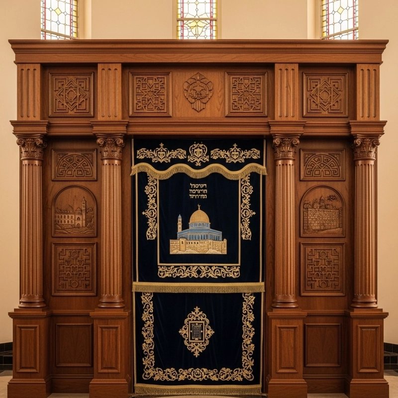 A realistic image of Mahogany Wood Aron Kodesh, Torah Ark hand carvings, image generated by Gemini-2.5-Flash.