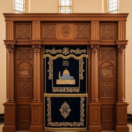 A realistic image of Mahogany Wood Aron Kodesh, Torah Ark hand carvings, image generated by Gemini-2.5-Flash.