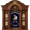 A realistic image of Mahogany Wood Aron Kodesh, Torah Ark hand carvings, image generated by Gemini-2.5-Flash.