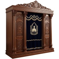 A realistic image of Mahogany Wood Aron Kodesh, Torah Ark hand carvings, image generated by Gemini-2.5-Flash.