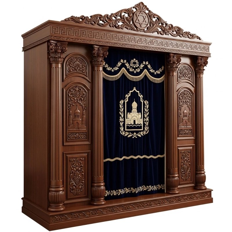 A realistic image of Mahogany Wood Aron Kodesh, Torah Ark hand carvings, image generated by Gemini-2.5-Flash.