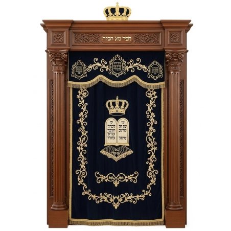A realistic image of Mahogany Wood Aron Kodesh, Torah Ark hand carvings, image generated by Gemini-2.5-Flash.