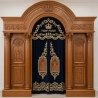 A realistic image of Mahogany Wood Aron Kodesh, Torah Ark hand carvings, image generated by Gemini-2.5-Flash.