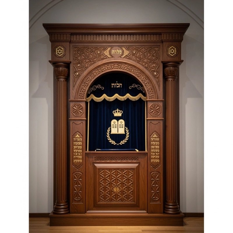 A realistic image of Mahogany Wood Aron Kodesh, Torah Ark hand carvings, image generated by Gemini-2.5-Flash.