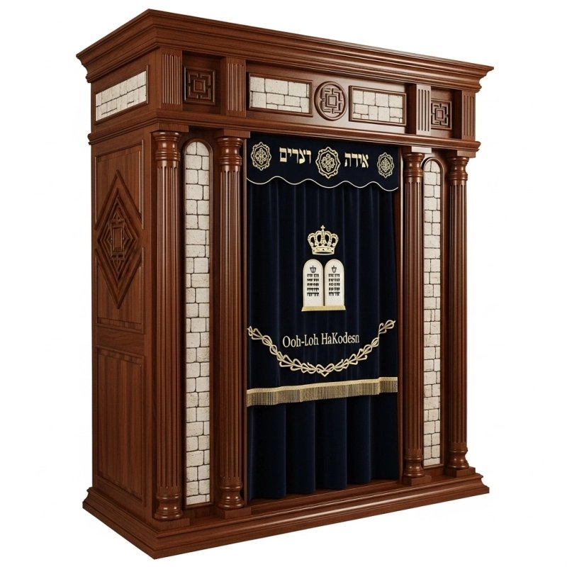 A realistic image of Mahogany Wood Aron Kodesh, Torah Ark hand carvings, image generated by Gemini-2.5-Flash.