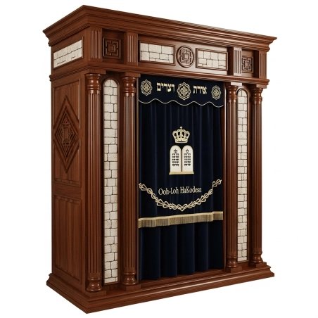 A realistic image of Mahogany Wood Aron Kodesh, Torah Ark hand carvings, image generated by Gemini-2.5-Flash.