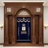 A realistic image of Mahogany Wood Aron Kodesh, Torah Ark hand carvings, image generated by Gemini-2.5-Flash.
