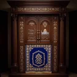A realistic image of Mahogany Wood Aron Kodesh, Torah Ark hand carvings, image generated by Gemini-2.5-Flash.