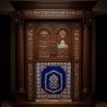 A realistic image of Mahogany Wood Aron Kodesh, Torah Ark hand carvings, image generated by Gemini-2.5-Flash.