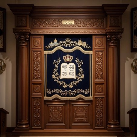 A realistic image of Mahogany Wood Aron Kodesh, Torah Ark hand carvings, image generated by Gemini-2.5-Flash.