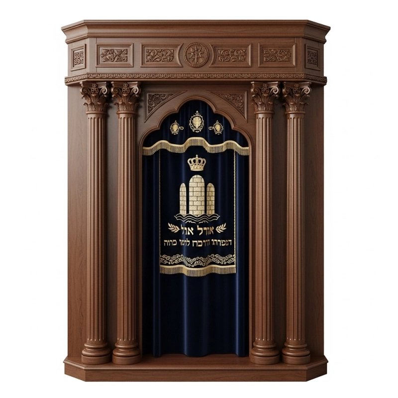 A realistic image of Mahogany Wood Aron Kodesh, Torah Ark hand carvings, image generated by Gemini-2.5-Flash.
