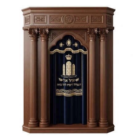 A realistic image of Mahogany Wood Aron Kodesh, Torah Ark hand carvings, image generated by Gemini-2.5-Flash.