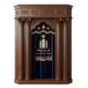 A realistic image of Mahogany Wood Aron Kodesh, Torah Ark hand carvings, image generated by Gemini-2.5-Flash.