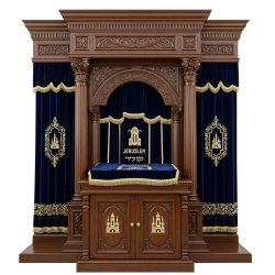 A realistic image of Mahogany Wood Aron Kodesh, Torah Ark hand carvings, image generated by Gemini-2.5-Flash.