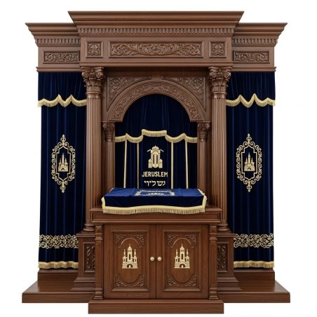 A realistic image of Mahogany Wood Aron Kodesh, Torah Ark hand carvings, image generated by Gemini-2.5-Flash.