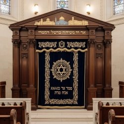 A realistic image of Mahogany Wood Aron Kodesh, Torah Ark hand carvings, image generated by Gemini-2.5-Flash.
