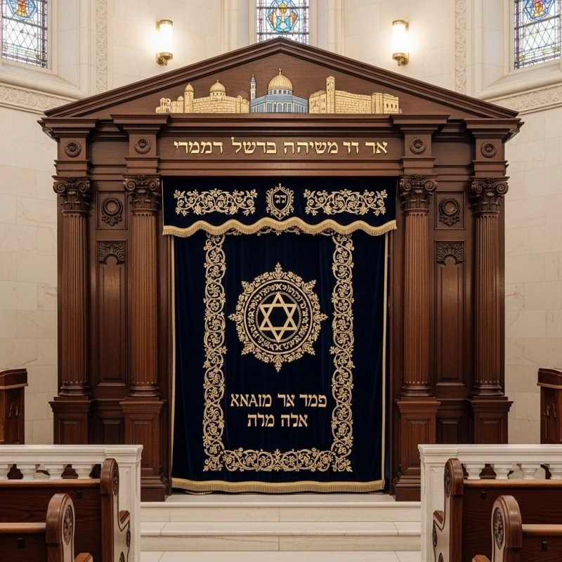 A realistic image of Mahogany Wood Aron Kodesh, Torah Ark hand carvings, image generated by Gemini-2.5-Flash.