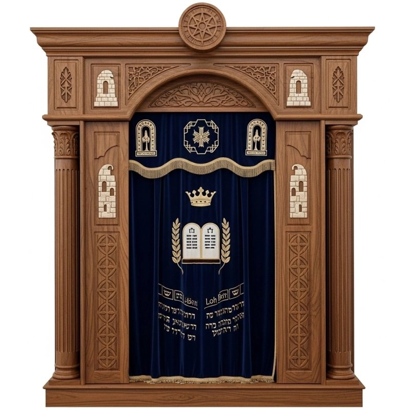 A realistic image of Mahogany Wood Aron Kodesh, Torah Ark hand carvings, image generated by Gemini-2.5-Flash.