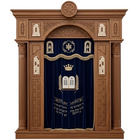 A realistic image of Mahogany Wood Aron Kodesh, Torah Ark hand carvings, image generated by Gemini-2.5-Flash.