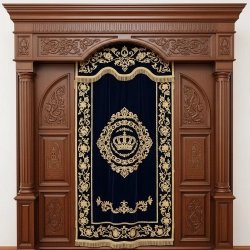 A realistic image of Mahogany Wood Aron Kodesh, Torah Ark hand carvings, image generated by Gemini-2.5-Flash.