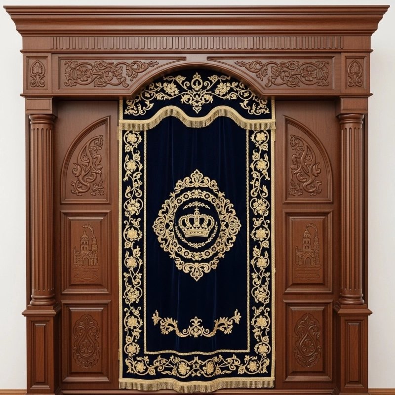 A realistic image of Mahogany Wood Aron Kodesh, Torah Ark hand carvings, image generated by Gemini-2.5-Flash.