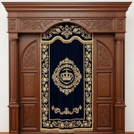 A realistic image of Mahogany Wood Aron Kodesh, Torah Ark hand carvings, image generated by Gemini-2.5-Flash.