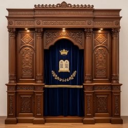 A realistic image of Mahogany Wood Aron Kodesh, Torah Ark hand carvings, image generated by Gemini-2.5-Flash.